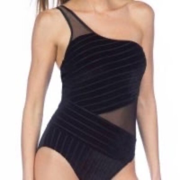 Kenneth Cole Black Sultry Velvet One Shoulder Swimsuit Medium One-piece Bathing - Picture 3 of 15